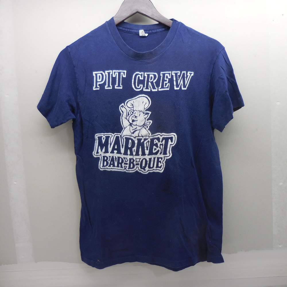 Vintage Hanes Pit Crew Market Bar-B-Que T-Shirt Navy Blue Single Stitch Medium